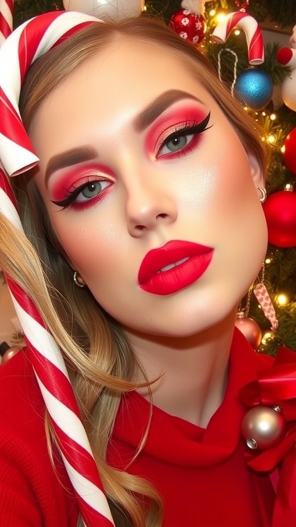 Candy cane inspired Christmas makeup with red and white colors, featuring bold eyes and bright lips.